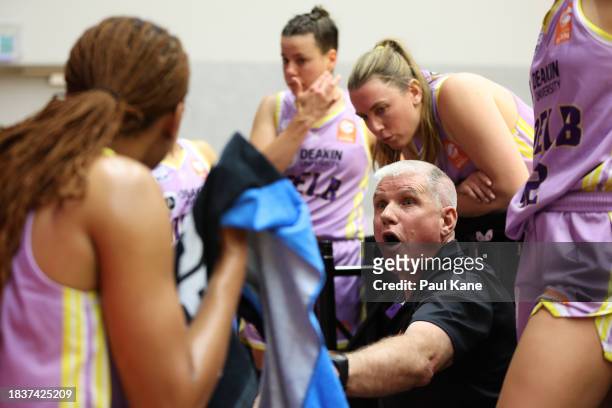 Chris Lucas, head coach of the Boomers addresses his players during the WNBL match between Perth Lynx and Melbourne Boomers at Bendat Basketball...