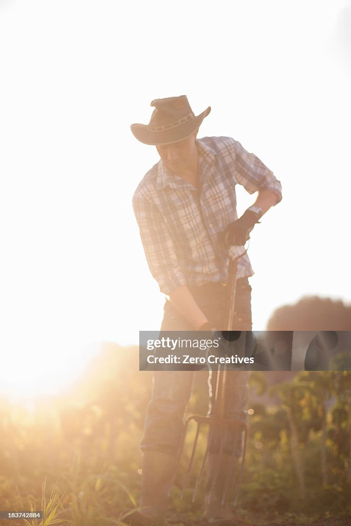 Young man working on farm in sunlight