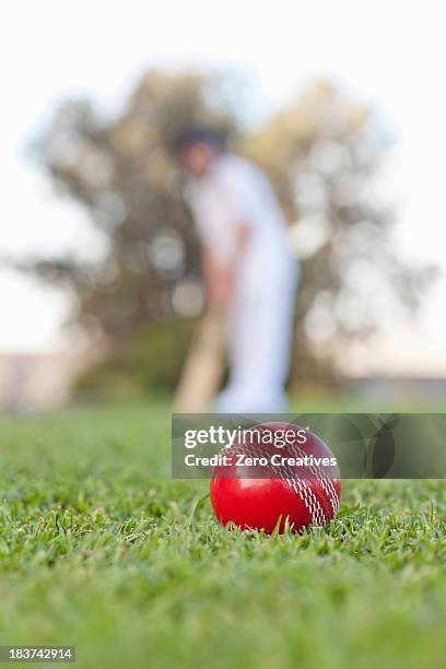 cricket ball with man in background - cricket ball close up stockfoto's en -beelden