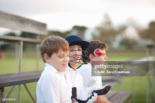 boys on bleachers at cricket pitch - cricket team group stock pictures, royalty-free photos & images