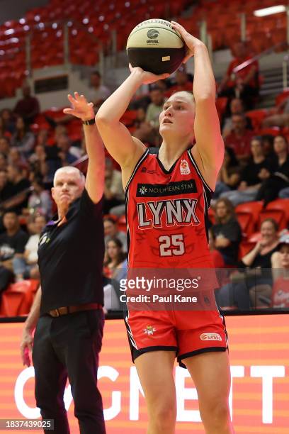 Amy Atwell of the Lynx puts a shot up during the WNBL match between Perth Lynx and Melbourne Boomers at Bendat Basketball Stadium, on December 07 in...