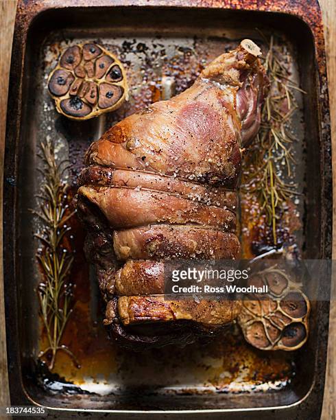 cooked leg of lamb in roasting tin - leg of lamb stock pictures, royalty-free photos & images