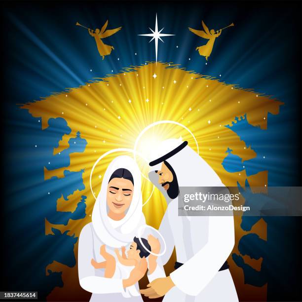 stockillustraties, clipart, cartoons en iconen met nativity scene. the holy family. - touched by an angel