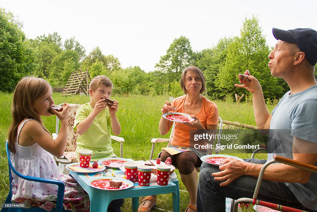 Family with two children enjoying birthday cake picnic