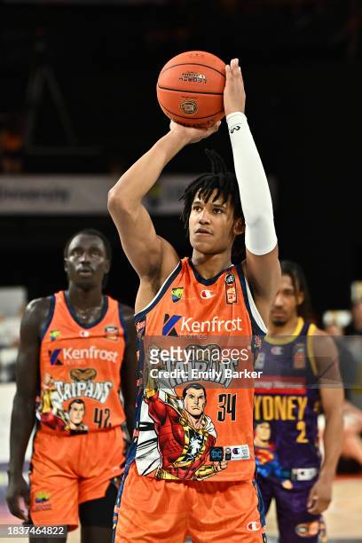 Bobi Klintman of the Taipans lines up a free throw during the round 10 NBL match between Cairns Taipans and Sydney Kings at Cairns Convention Centre,...