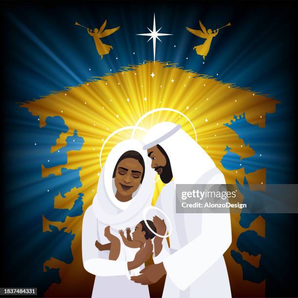 krippe. die heilige familie. - religiöses symbol stock-grafiken, -clipart, -cartoons und -symbole