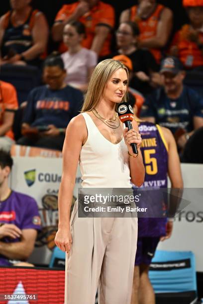 In-Stadium commentator Alice Kunek is seen during the round 10 NBL match between Cairns Taipans and Sydney Kings at Cairns Convention Centre, on...