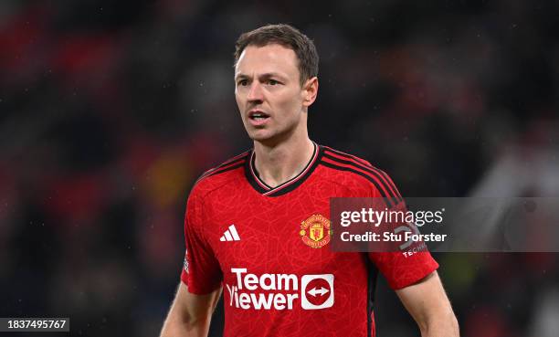Manchester United player Jonny Evans organises the defence during the Premier League match between Manchester United and Chelsea FC at Old Trafford...