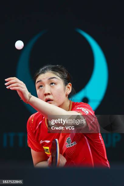 Chen Meng of Team China serves in the group match against Chen Ying-Chen of Team Chinese Taipei during ITTF Mixed Team World Cup Chengdu 2023 at...