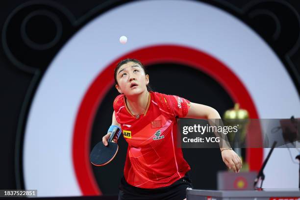 Chen Meng of Team China serves in the group match against Chen Ying-Chen of Team Chinese Taipei during ITTF Mixed Team World Cup Chengdu 2023 at...
