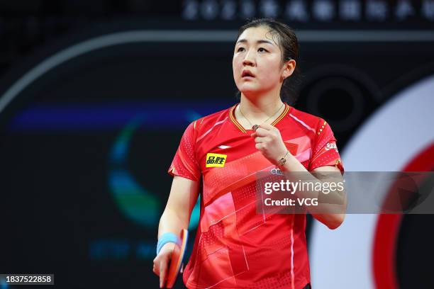 Chen Meng of Team China serves in the group match against Chen Ying-Chen of Team Chinese Taipei during ITTF Mixed Team World Cup Chengdu 2023 at...