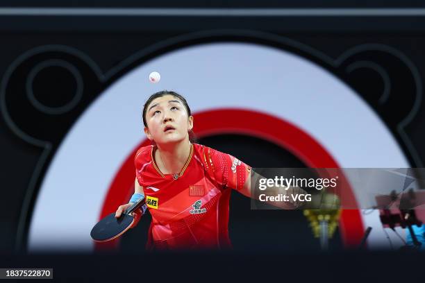 Chen Meng of Team China serves in the group match against Chen Ying-Chen of Team Chinese Taipei during ITTF Mixed Team World Cup Chengdu 2023 at...