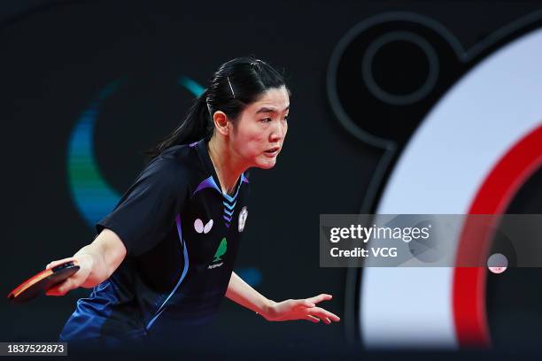 Chen Ying-Chen of Team Chinese Taipei competes in the group match against Chen Meng of Team China during ITTF Mixed Team World Cup Chengdu 2023 at...