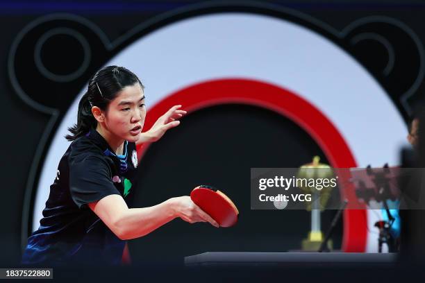 Chen Ying-Chen of Team Chinese Taipei competes in the group match against Chen Meng of Team China during ITTF Mixed Team World Cup Chengdu 2023 at...