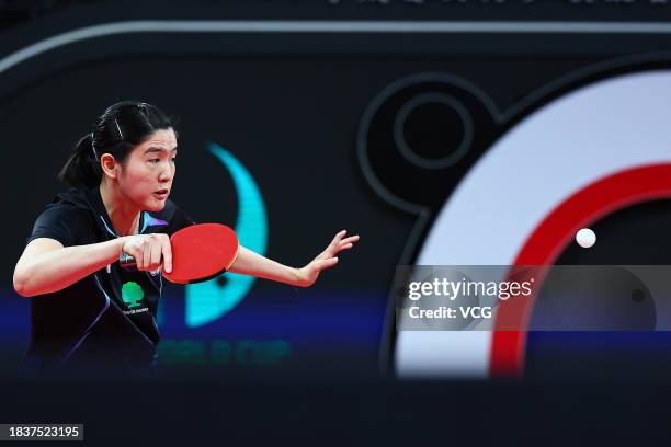 Chen Ying-Chen of Team Chinese Taipei competes in the group match against Chen Meng of Team China during ITTF Mixed Team World Cup Chengdu 2023 at...