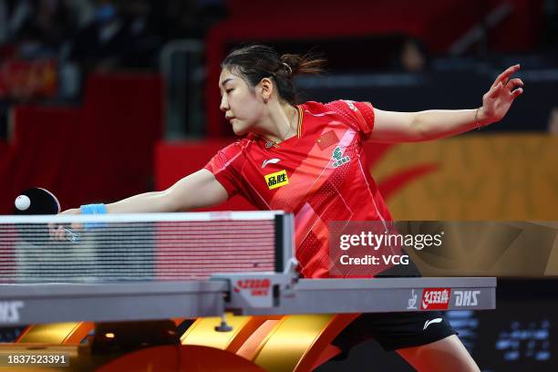 Chen Meng of Team China competes in the group match against Chen Ying-Chen of Team Chinese Taipei during ITTF Mixed Team World Cup Chengdu 2023 at...