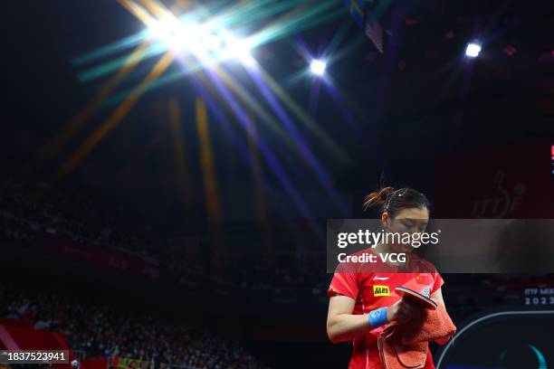 Chen Meng of Team China reacts in the group match against Chen Ying-Chen of Team Chinese Taipei during ITTF Mixed Team World Cup Chengdu 2023 at...