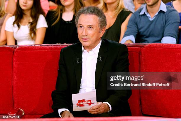 Presenter Michel Drucker attends 'Vivement Dimanche' French TV Show, held at Pavillon Gabriel in Paris at Pavillon Gabriel on October 9, 2013 in...