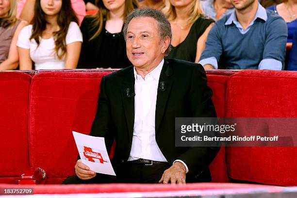Presenter Michel Drucker attends 'Vivement Dimanche' French TV Show, held at Pavillon Gabriel in Paris at Pavillon Gabriel on October 9, 2013 in...