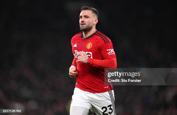 Manchester United player Luke Shaw in action during the Premier League match between Manchester United and Chelsea FC at Old Trafford on December 06,...