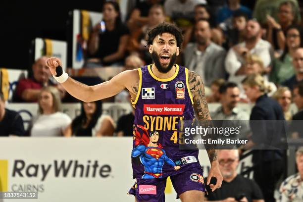 Denzel Valentine of the Kings reacts during the round 10 NBL match between Cairns Taipans and Sydney Kings at Cairns Convention Centre, on December...