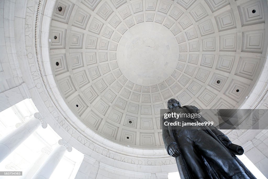 Looking up at Coppola and statue at the Jefferson Memorial