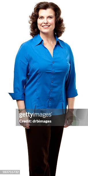 happy smiling woman three quarter portrait - blue blouse stock pictures, royalty-free photos & images