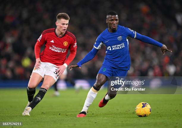 Chelsea player Moises Caicedo in action during the Premier League match between Manchester United and Chelsea FC at Old Trafford on December 06, 2023...