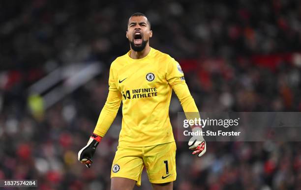 Chelsea goalkeeper Robert Sanchez celebrates the Chelsea goal during the Premier League match between Manchester United and Chelsea FC at Old...