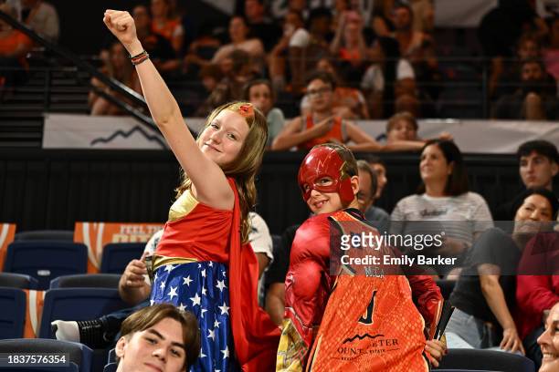 Young Taipans fans show their support for the DC Multiverse Round during the round 10 NBL match between Cairns Taipans and Sydney Kings at Cairns...