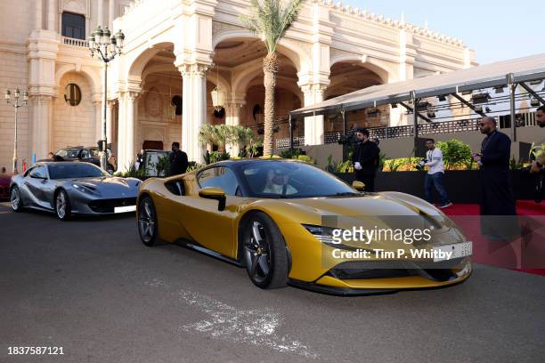 Ferrari sport cars are displayed at the "Ferrari" red carpet during the Red Sea International Film Festival 2023 on December 7, 2023 in Jeddah, Saudi...