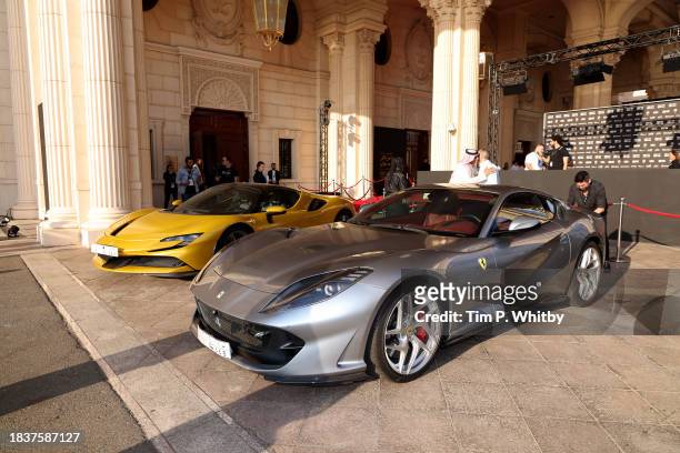 Ferrari sport cars are seen at the "Ferrari" red carpet during the Red Sea International Film Festival 2023 on December 07, 2023 in Jeddah, Saudi...