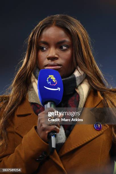 Former footballer Eniola Aluko working as a pundit for Amazon Prime Video during the Premier League match between Aston Villa and Manchester City at...