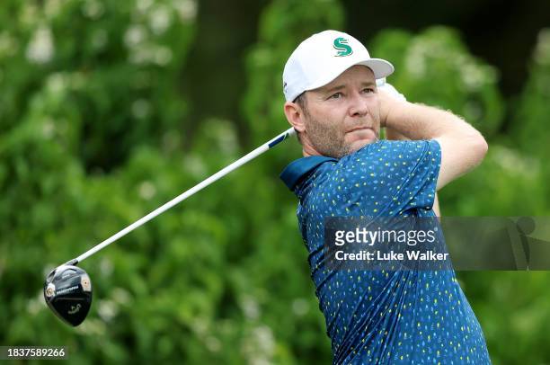 Branden Grace of South Africa tees off on the 10th hole on Day One of the Alfred Dunhill Championship at Leopard Creek Country Club on December 07,...