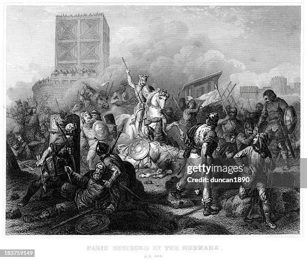 stockillustraties, clipart, cartoons en iconen met paris besieged by the normans - battlefield