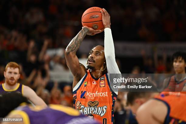 Tahjere McCall of the Taipans lines up a free throw during the round 10 NBL match between Cairns Taipans and Sydney Kings at Cairns Convention...