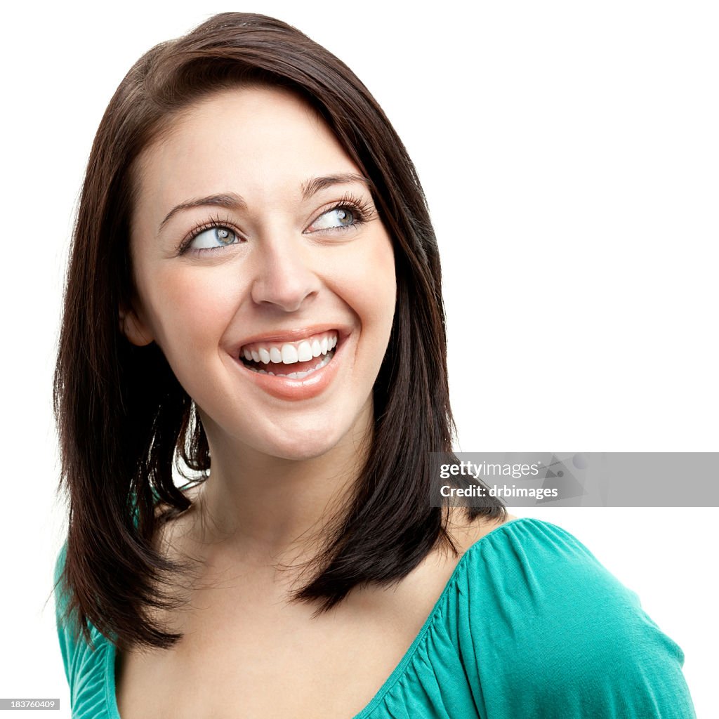 Happy Laughing Young Woman Looking Up