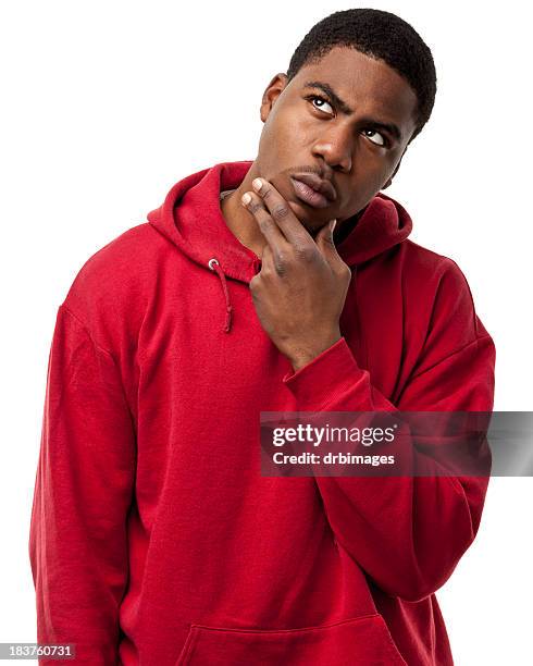 pensive thinking young man - hoofd schuin stockfoto's en -beelden