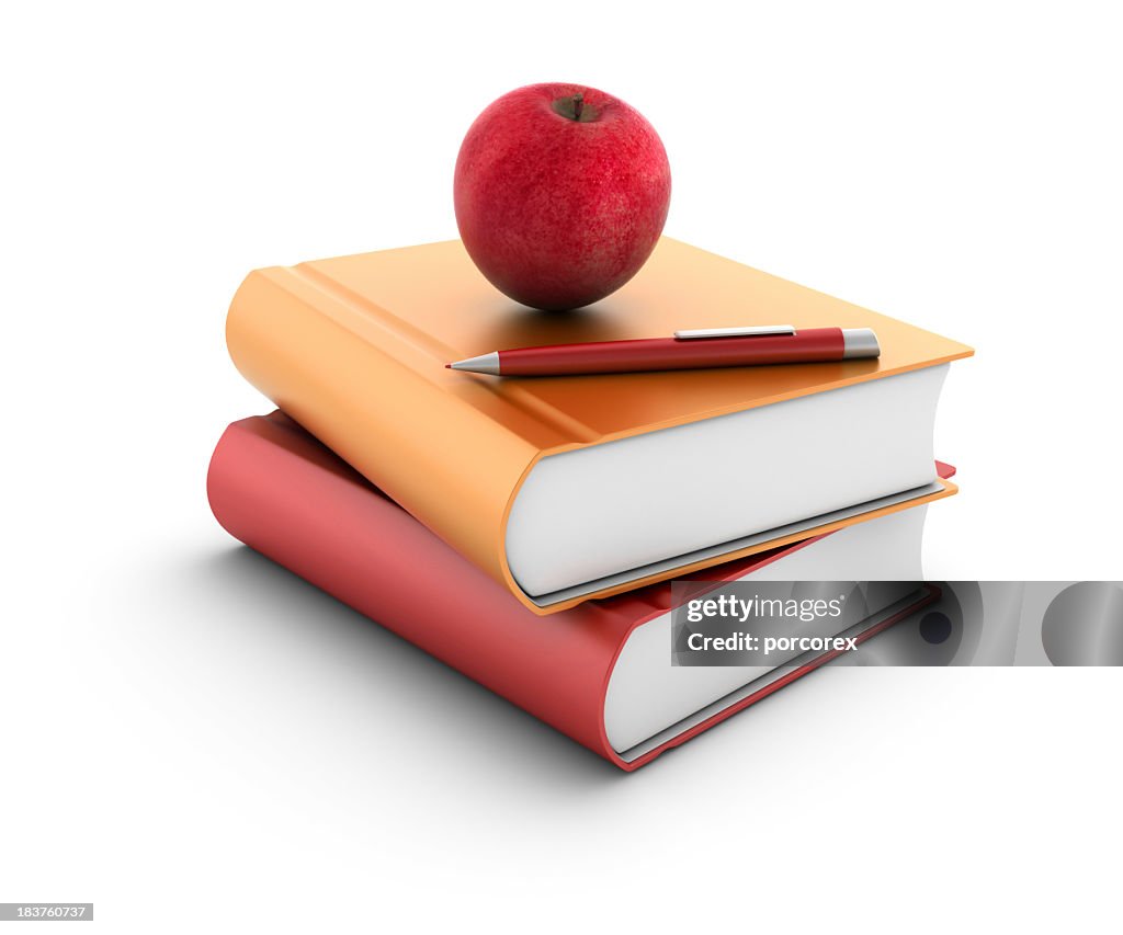 Book Stack With Ruler Apple Stack Of Books With An Apple And Pen High-Res Stock Photo - Getty Images