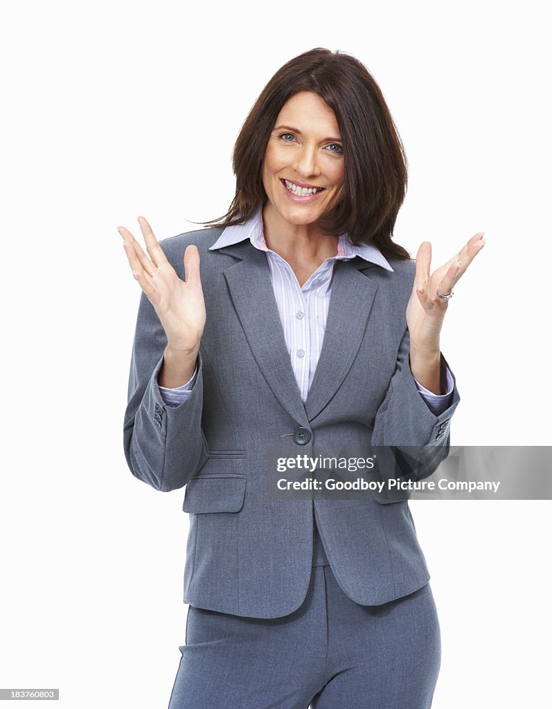 Business woman with hands gesture on white background