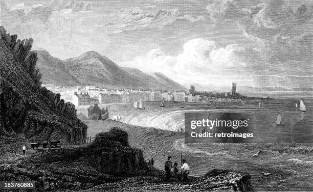 aberystwyth, cardiganshire, wales (engraved illustration) - aberystwyth stock illustrations