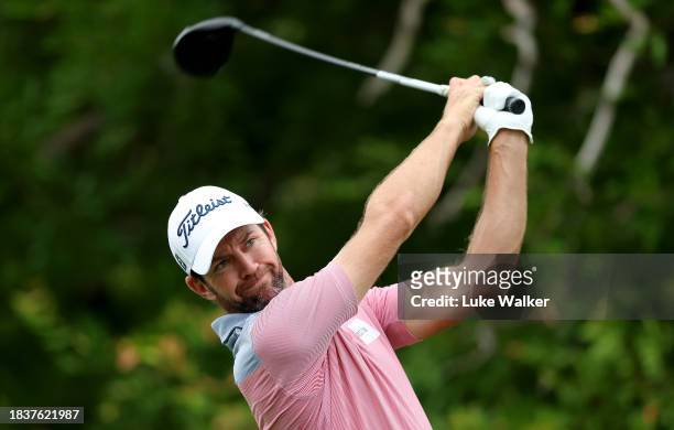 Scott Jamieson of Scotland tees off on the 17th hole on Day One of the Alfred Dunhill Championship at Leopard Creek Country Club on December 07, 2023...