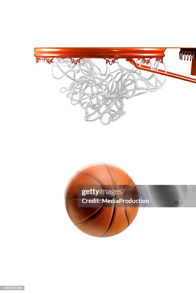 Basketball hoop net and ball on white
