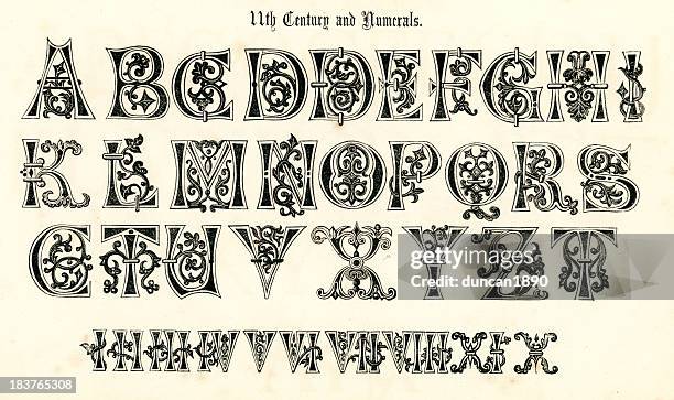 11th century medieval alphabet and numerals - letter m stock illustrations