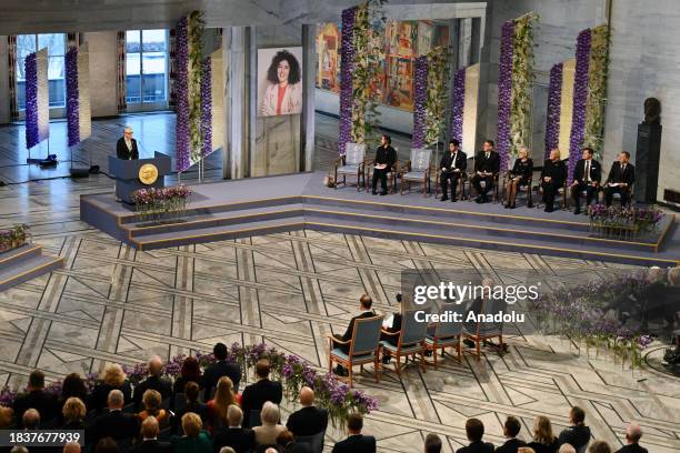 Norwegian Nobel Committee chairwoman Berit Reiss-Andersen delivers a speech during the 2023 Nobel Peace Prize award ceremony at the City Hall in...