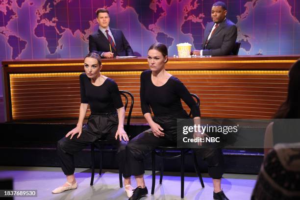 Adam Driver, Olivia Rodrigo" Episode 1851 -- Pictured: Anchor Colin Jost, Chloe Fineman, surprise guest Julia Stiles, and anchor Michael Che during...