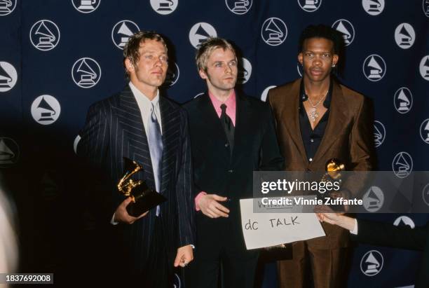 American Christian rap and rock band dc Talk in the press room of the 39th Annual Grammy Awards, held at Madison Square Garden in Midtown Manhattan,...