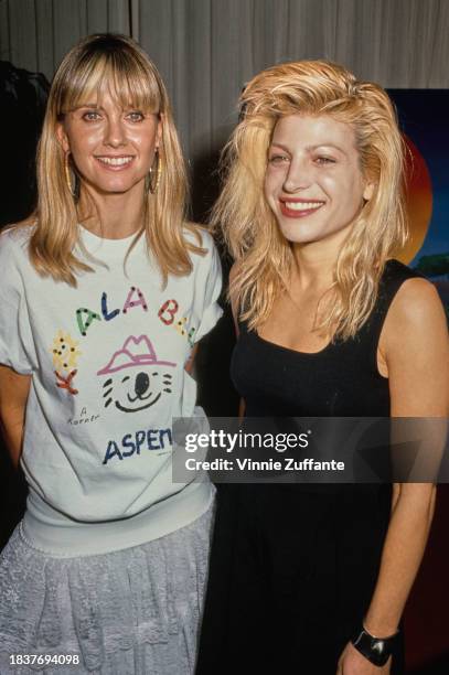 British-born Australian singer Olivia Newton-John and American singer and songwriter Taylor Dayne attend a preview for 'Spirit of the Forest', an...