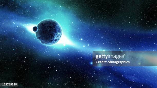 earth and moon over the galaxy in space - spaceship stockfoto's en -beelden