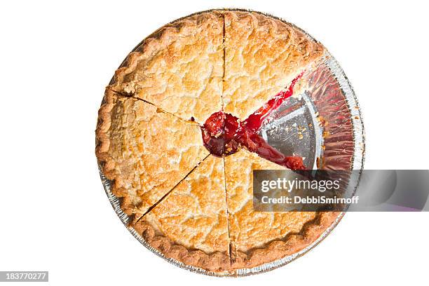 top view of cherry pie with one slice missing - cherry pie stock pictures, royalty-free photos & images